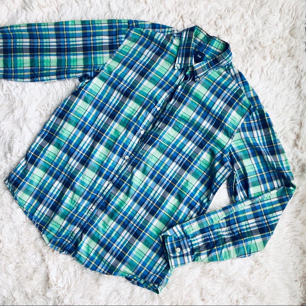🛍BOGO Men’s GAP Plaid Button Up Shirt Blue Green